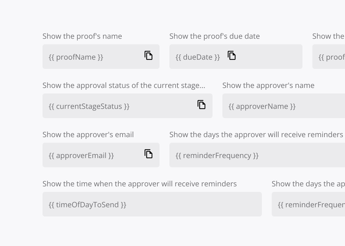 Email template customization interface showing variable options